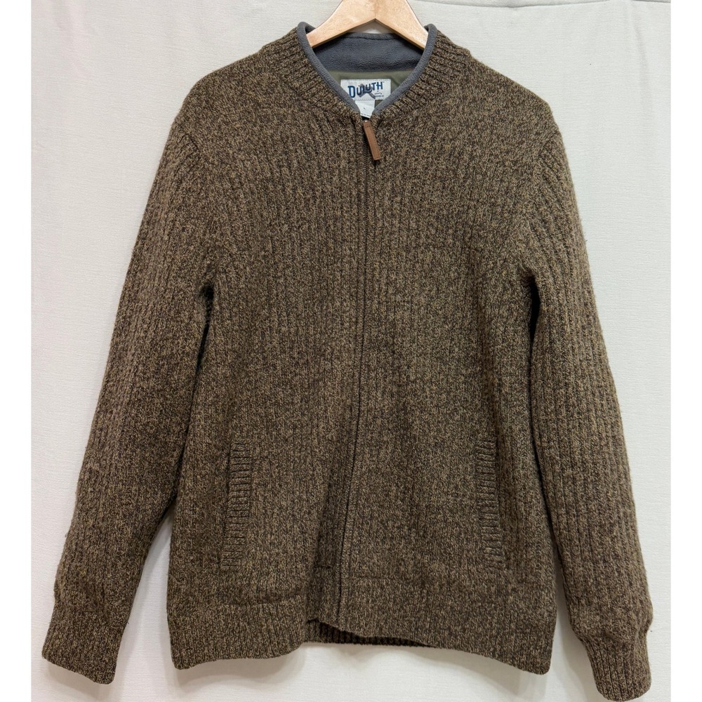 Duluth Mens Full Zip Sweater Brown 100% Shetland Wool Lined Heavyweight L Fall
